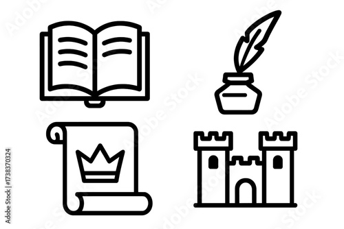 Medieval story icon set vector. Simple line art symbols collection for history and fantasy concepts. Includes book, quill and ink, royal scroll with crown, and castle items.