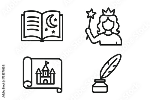 Fairy tale line icon set for storytelling. Fantasy and magic symbols. Includes princess with wand, kingdom castle map, storybook, and author quill pen vector collection.
