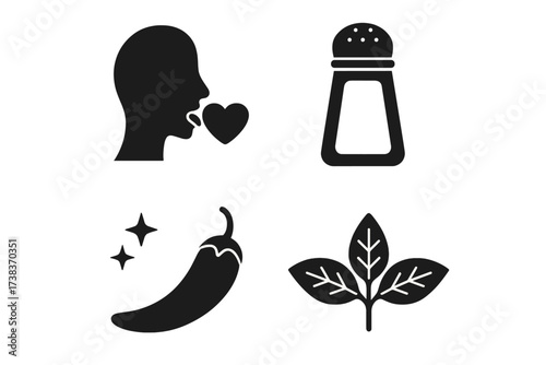 Taste and seasoning vector glyph icon set. Simple solid symbols for food flavor and cooking. Collection includes salt shaker, hot chili pepper, fresh herb leaves, and love taste.