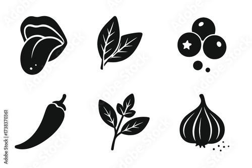 Vector icon set of taste and seasoning. Collection of food and flavor symbols. Black glyph design with tongue, chili pepper, garlic, basil, berry. Culinary ingredients.