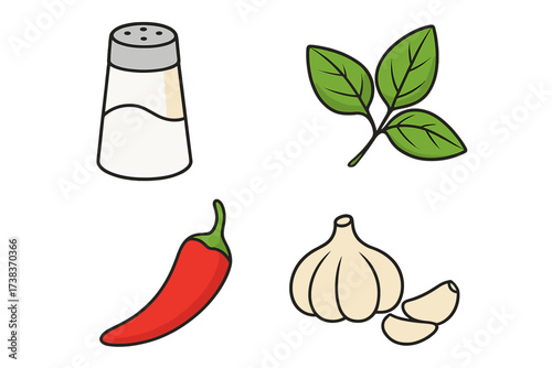 Spices and seasonings icon set. Vector illustration of salt, basil, red chili pepper, and garlic. Fresh food ingredients for cooking, flavor, taste. Culinary graphic.