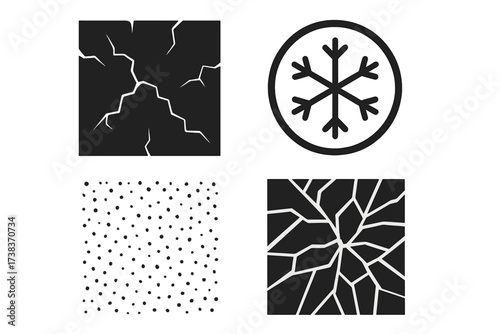 Frozen icon and abstract textures vector set. Snowflake symbol for cold, freezer, or winter. Cracked earth, shattered glass, and dot pattern backgrounds. Graphic elements.