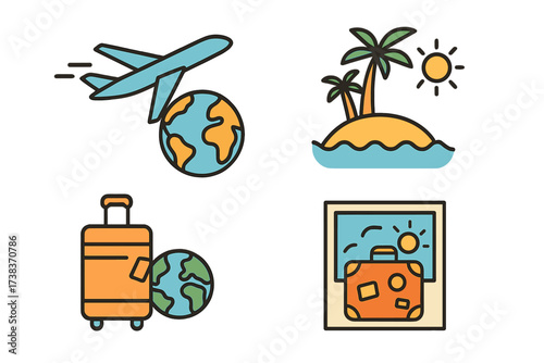 Travel and tourism vector icon collection for summer vacation. Global journey by airplane. Holiday trip to a tropical beach island with palm trees. Suitcase and luggage logo set.
