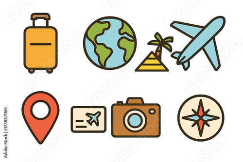 Travel icon set for tourism and vacation. Vector illustration of journey symbols like airplane, luggage, camera, globe, compass, map pin, ticket, pyramid and palm tree.