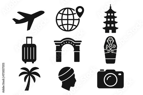 Travel and Tourism Icon Set Vector. Airplane, Global Location Pin, Asian Pagoda, Suitcase, Ancient Arch, Egyptian Sarcophagus, Palm Tree, Traveler Profile, Camera