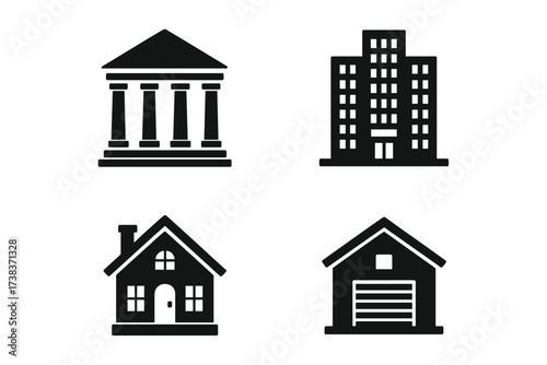 Vector illustration of architecture and estate symbols with classic government building, modern office high-rise, cozy family house, and residential garage icons