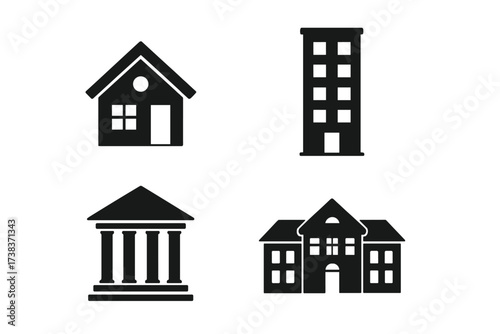 Vector illustration of architecture and estate symbols with house, apartment building, government building, and mansion icons for real estate and property design
