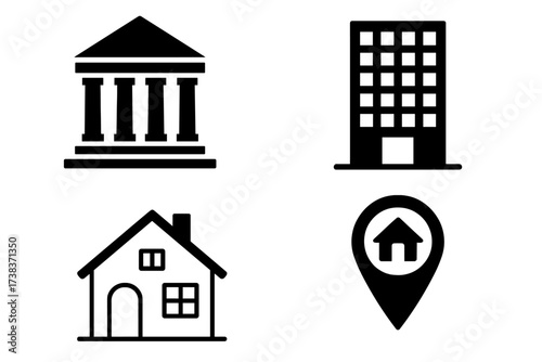 Vector illustration of architecture and estate symbols with classic government building, office skyscraper, family home, and house location pin icons representing real estate concepts and urban living