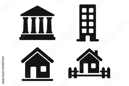 Vector illustration of architecture and real estate icons. Set of four black silhouettes of classical building, apartment block, simple house, and fenced home. Property and construction symbols.