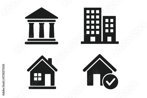 Architecture and Real Estate Vector Icons Set. Classic Building, Modern Apartment, Cozy House, and Verified Home Symbol. Property, Homeownership, Construction, and Urban Living Concepts.