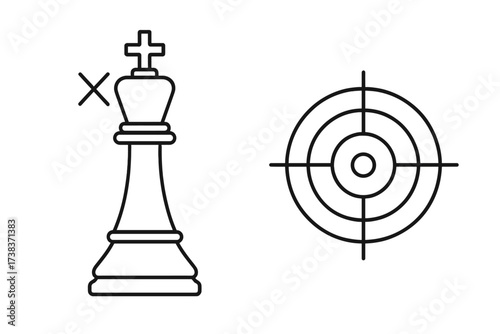 Checkmate concept with chess king and target symbol. Strategic game idea, decision making, victory and focus symbol, success aim, goal achievement concept vector illustration