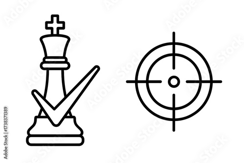 Vector illustration of chess king with checkmark symbol and target crosshair icon, strategic game concept, checkmate, decision making, business strategy, goal achievement