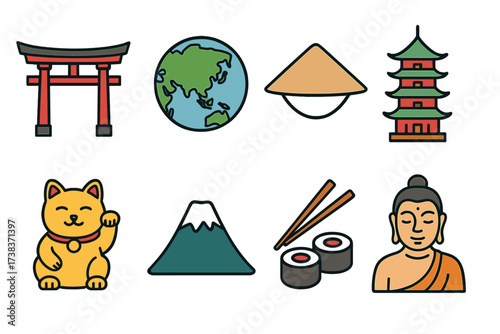 Asian culture icons collection. Traditional Japanese Torii gate, Asian Earth globe, conical rice hat, pagoda temple, lucky cat, Mount Fuji, sushi rolls with chopsticks, Buddha statue vector set