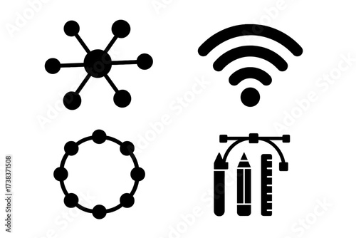 Vector set of connection symbols and graphic design tools illustration. Digital network, wireless internet icon, creative design elements, pen tool and ruler concept.
