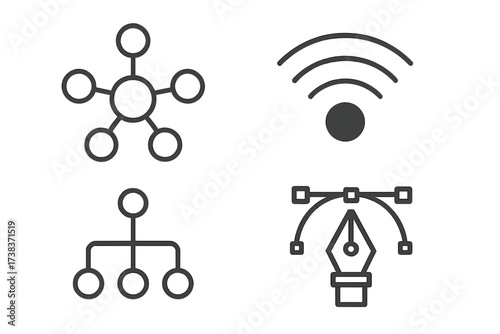 Vector icons of network connection, wireless signal, hierarchical structure, and graphic design pen tool with control points for digital creativity and tech communication concepts