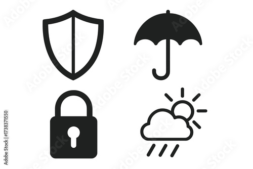 Vector illustration of protection shield, closed padlock security icon, umbrella weather symbol, and rain with sun cloud symbol set for safety and weather concept design