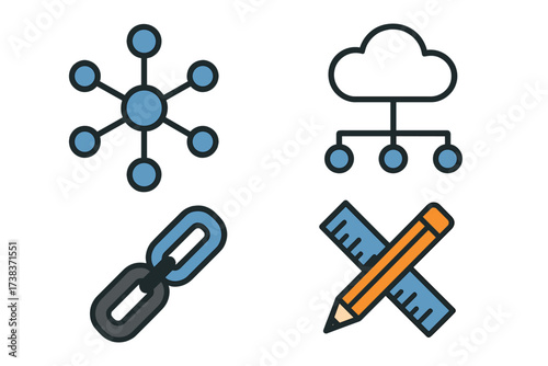 Vector illustration of network connection, cloud computing, link chain, and design tools icons. Abstract technology, connectivity, link symbol, and creative design concepts.