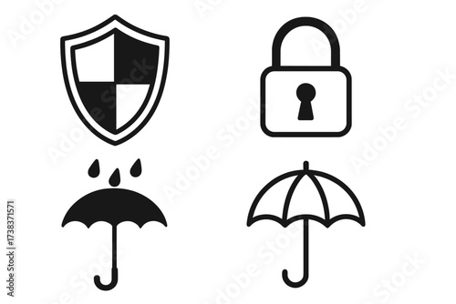 Protection and security icons set with shield, lock, umbrella, and rain drops symbols for safety, defense, privacy, and weather protection concepts