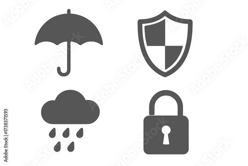 Protection icons set with umbrella, shield, rain cloud, and padlock symbols, security concept, safety signs, secure environment, weather and defense elements vector illustrations