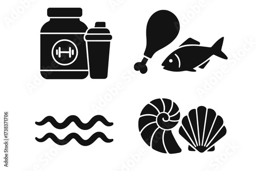 Protein supplement container with shaker bottle, seafood icons including fish and chicken leg, sea waves symbol, and marine shells vector illustration, health and nutrition concept