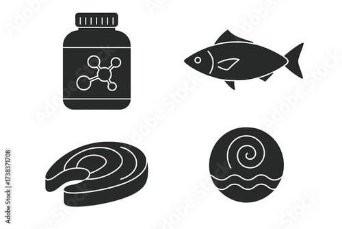 Protein supplement bottle, fish, salmon steak, and sea product icons set. Healthy nutrition symbols, omega-3 source, fish oil capsules, seafood diet and marine food concepts.