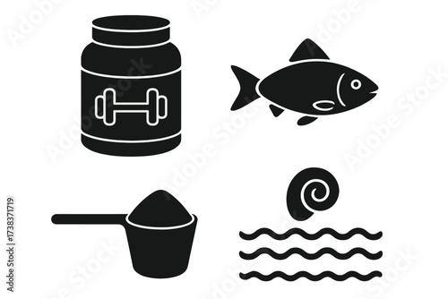 Protein supplement container with scoop, fish icon, and sea wave symbol vector collection, fitness nutrition, marine life, dietary concept, health boost, aquatic and sport elements