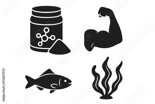 Protein powder container with muscle arm, fish and seaweed icons. Fitness nutrition supplement, marine protein sources, healthy lifestyle concept vector illustration.