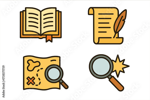 Storytelling and discovery concept icons set with open book, ancient scroll with quill, treasure map with magnifying glass, and search magnifier symbol for exploration and knowledge