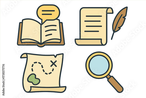 Vector icons of story concepts and discovery elements with open book, parchment scroll and feather quill, treasure map with marked trail, and magnifying glass for exploration and research illustration