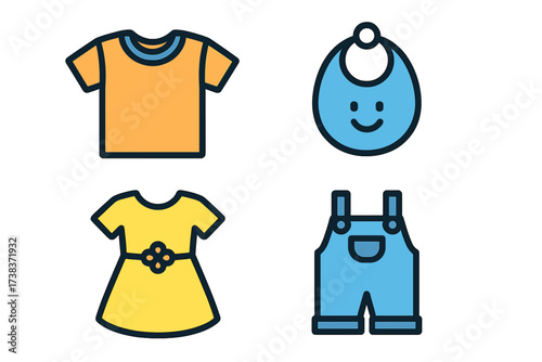 Colorful vector icons of children’s clothing apparel set including orange t-shirt, yellow dress with flower belt, blue bib with smiley face, and blue overalls for kids