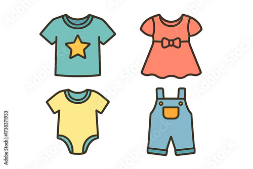 Colorful baby and toddler clothing set, cute star and bow designs, kids wear illustrations, children’s clothes collection, vector fashion icons for babies and toddlers