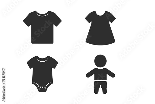 Set of Baby and Child Clothing Icons Vector Illustration. Includes Baby Bodysuit, Child T-Shirt, Dress and Boy Silhouette. Kids Apparel, Children Wear Symbols for Logo, Design