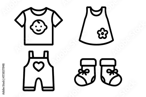 Vector baby clothes icons set. Children apparel collection including baby t-shirt with smiling face, sleeveless dress with flower, heart overalls, and cute socks. Infant wear line art