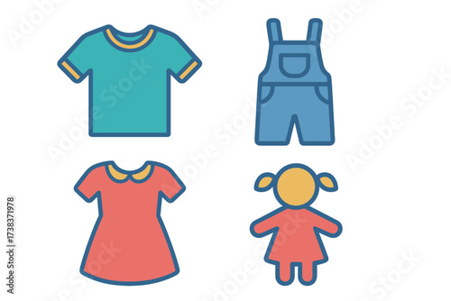 Vector illustration of colorful children's clothing icons including t-shirt, dress, overalls, and girl figure in modern flat design for kids fashion and apparel branding