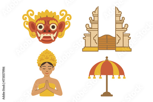 Vector set of isolated Bali traditional objects. Indonesian culture symbols collection. Barong mask, Pura temple gate, praying woman, ethnic umbrella. Tourism and travel design.