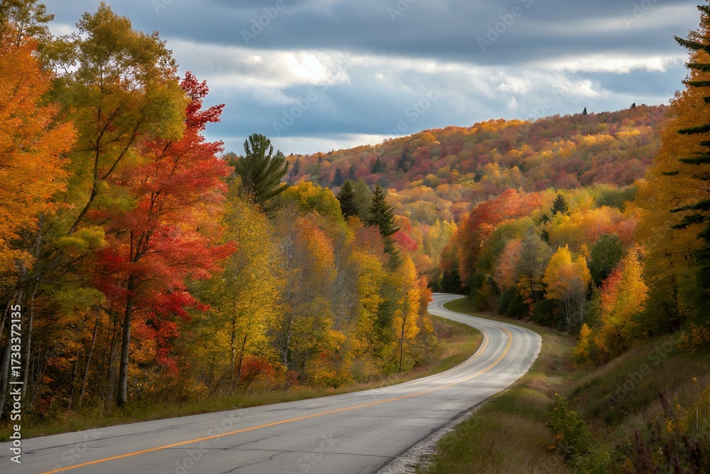 Fototapeta premium Curving road through vibrant autumn forest landscape
