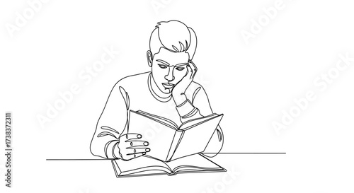 A single-line drawing depicts a young person deeply engrossed in reading a book.