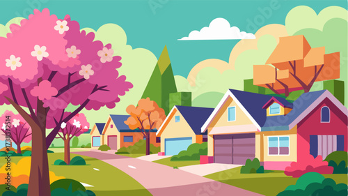 In the springtime the trees bloom with vibrant colors adding a lively touch to the otherwise calm and serene atmosphere of this suburban neighborhood.
