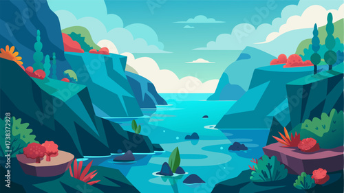 A tranquil inlet hidden from the world by towering cliffs and filled with vibrant coral reefs and marine life.