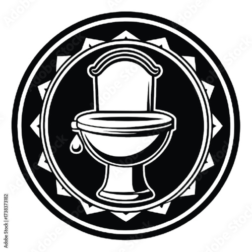Illustration of a toilet bowl with a dripping water droplet, isolated on white background the toilet is stylized and features a decorative design around the bowl and tank