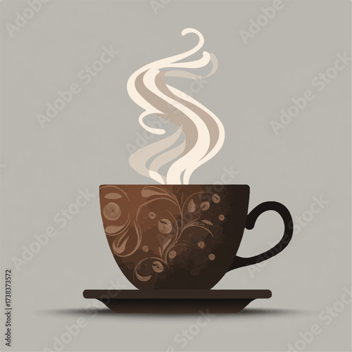 Elegant brown coffee cup with floral designs and rising steam on a neutral background creating warmth