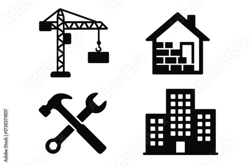 Construction and Building Symbols Vector Set. Crane lifting heavy load, house brick wall under construction, crossed hammer and wrench tools, office building silhouette. Architecture and repair icons.