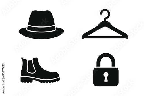 Fashion and safety icons collection. Vector black silhouette symbols of stylish fedora hat, clothing hanger, rugged boot, security padlock. Apparel and protection concept.