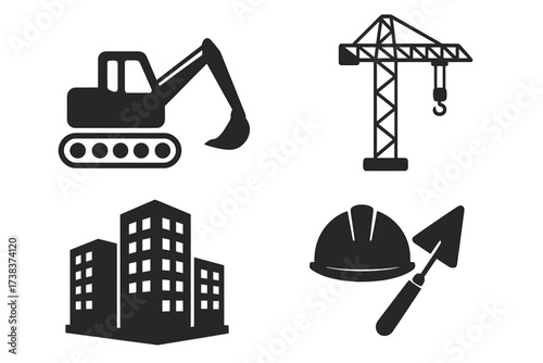 Vector design of construction and building industry icons including excavator, tower crane, office buildings, construction helmet and trowel tools for architecture and engineering concept