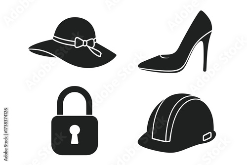 Fashion and safety symbols silhouette collection. Women's wide brim hat with bow, high heel shoe, padlock security icon, and protective construction helmet vector illustration set.