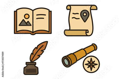 Vintage story and discovery icons set with open book, ancient map scroll, quill pen in ink bottle, and brass telescope with compass for exploration and navigation concepts