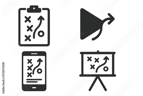 Tactical Strategy and Play Icons Collection, Sports Game Plan Symbols on Clipboard, Mobile, Screen, and Presentation Board, Tactical Movement and Play Action, Sports Coaching Elements