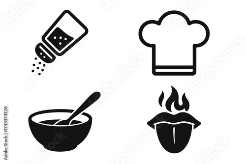 Vector design of cooking and taste icons set, chef hat, spicy tongue, seasoning shaker, mixing bowl with spoon, culinary symbols illustration for food and cooking concepts