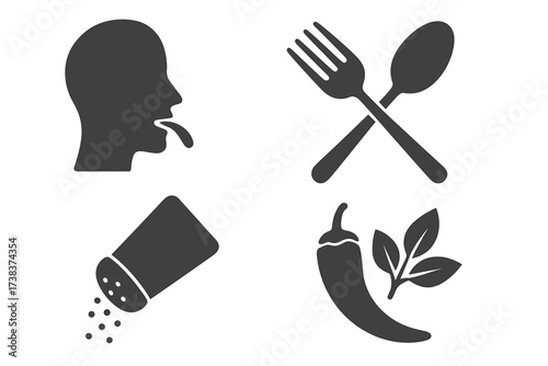 Taste and Cooking Icon Collection. Culinary symbols including human taste sense, crossed fork and spoon, salt shaker, chili pepper and herb leaves. Food seasoning, flavor, spice concepts.