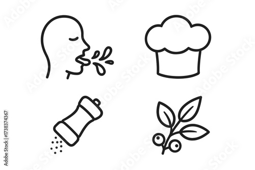 Taste and cooking vector icon set including spit taste, chef hat, salt shaker, and berry branch symbols for culinary and food design